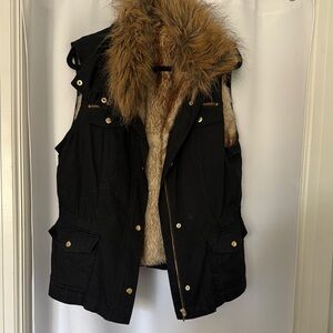Black Faux Fur-Lined Parka Vest with Brown Faux-Fur Trim